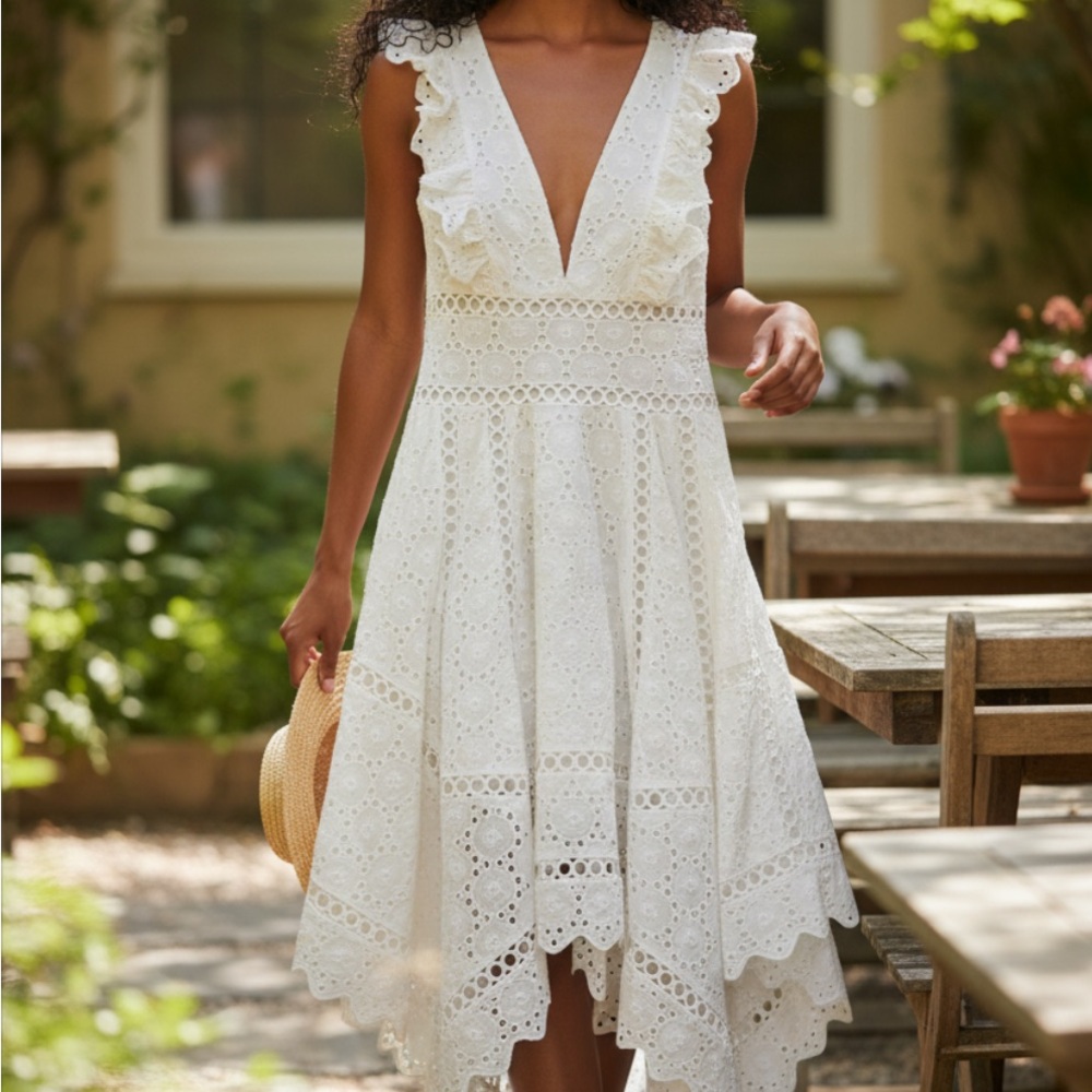 Few Moda Eyelet Embroidered Dress Asymmetrical Hem White Size Medium - Picture 1 of 11
